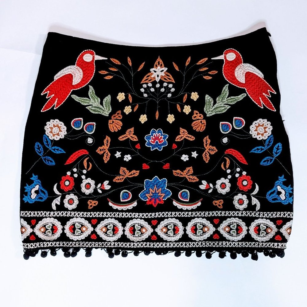 Umgee Indie/Boho Multicolored Embroidered Mini Skirt w/Tassels